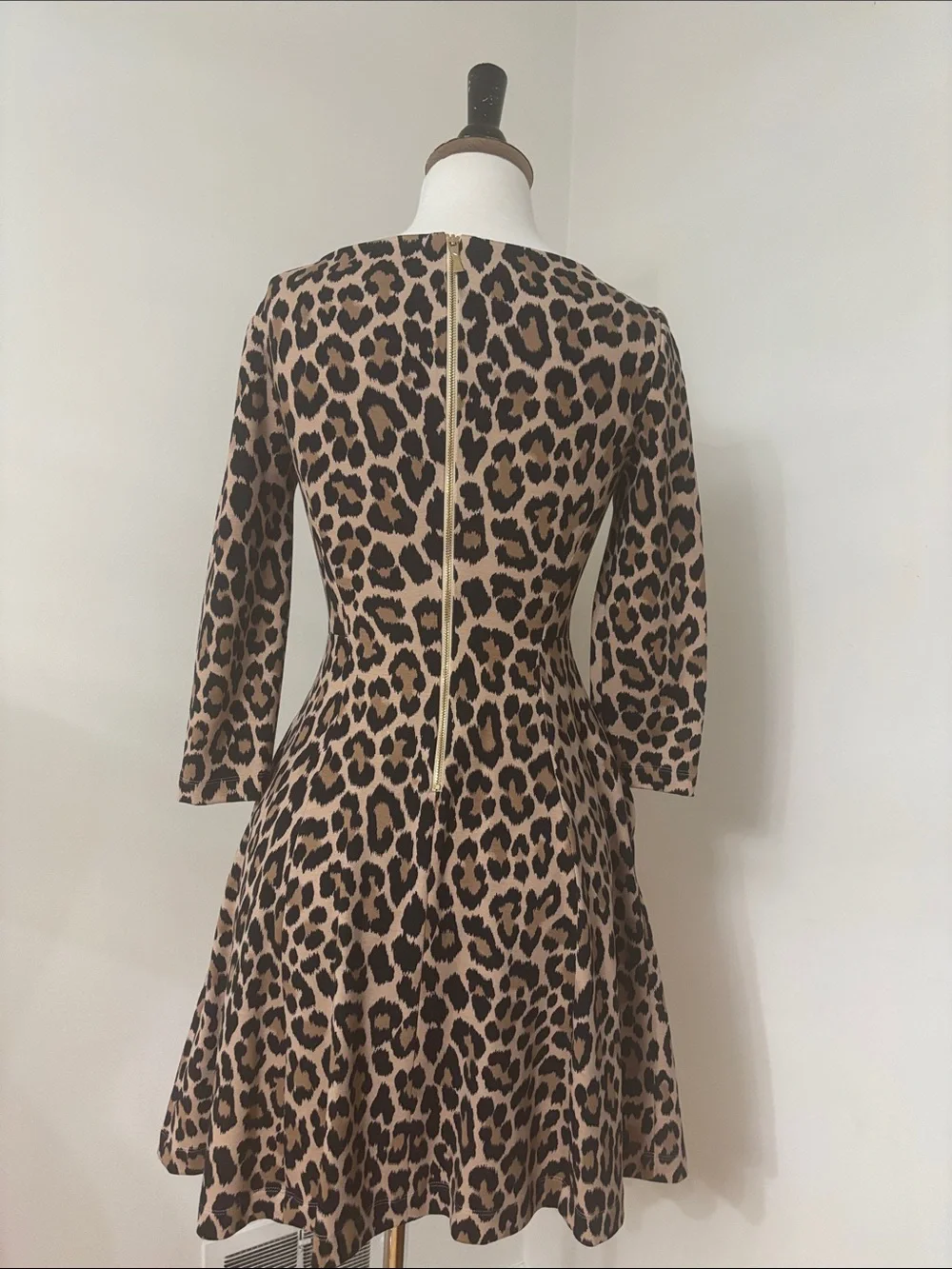 kate spade Leopard Print 3/4 Sleeve Fit-and-Flare Dress - Beige and Black